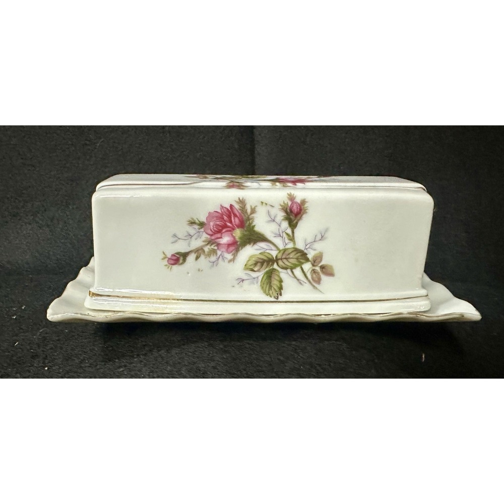 Victorian Style Moss Rose Floral Porcelain China 1/4lb Covered Butter Dish